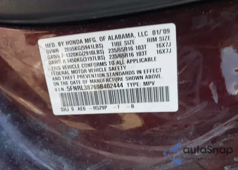 2009 Honda Odyssey Ex-L from USA, damaged, VIN 5FNRL38769B402444